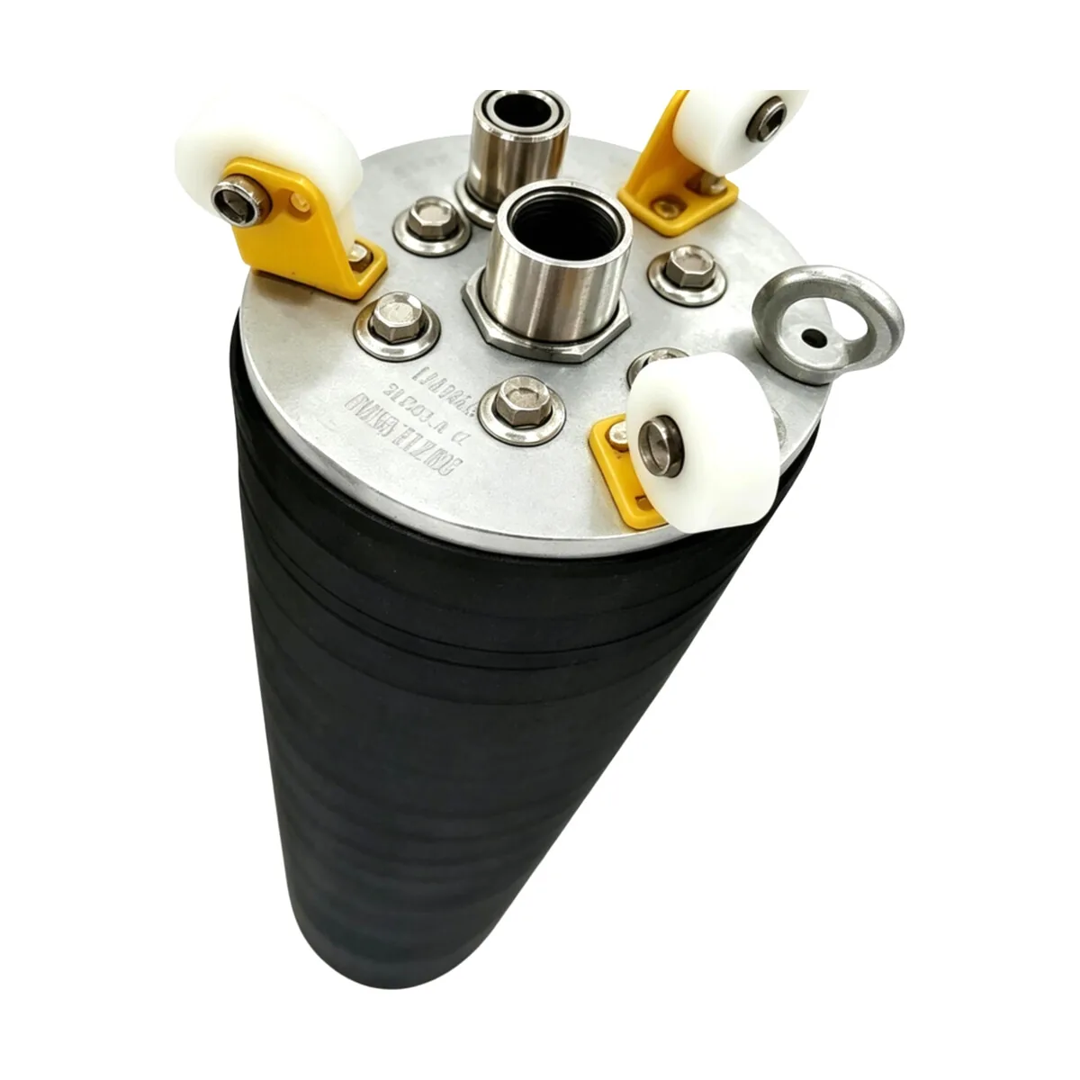 Repair packer end detail with a central bypass connection, fittings and wheels on yellow brackets.